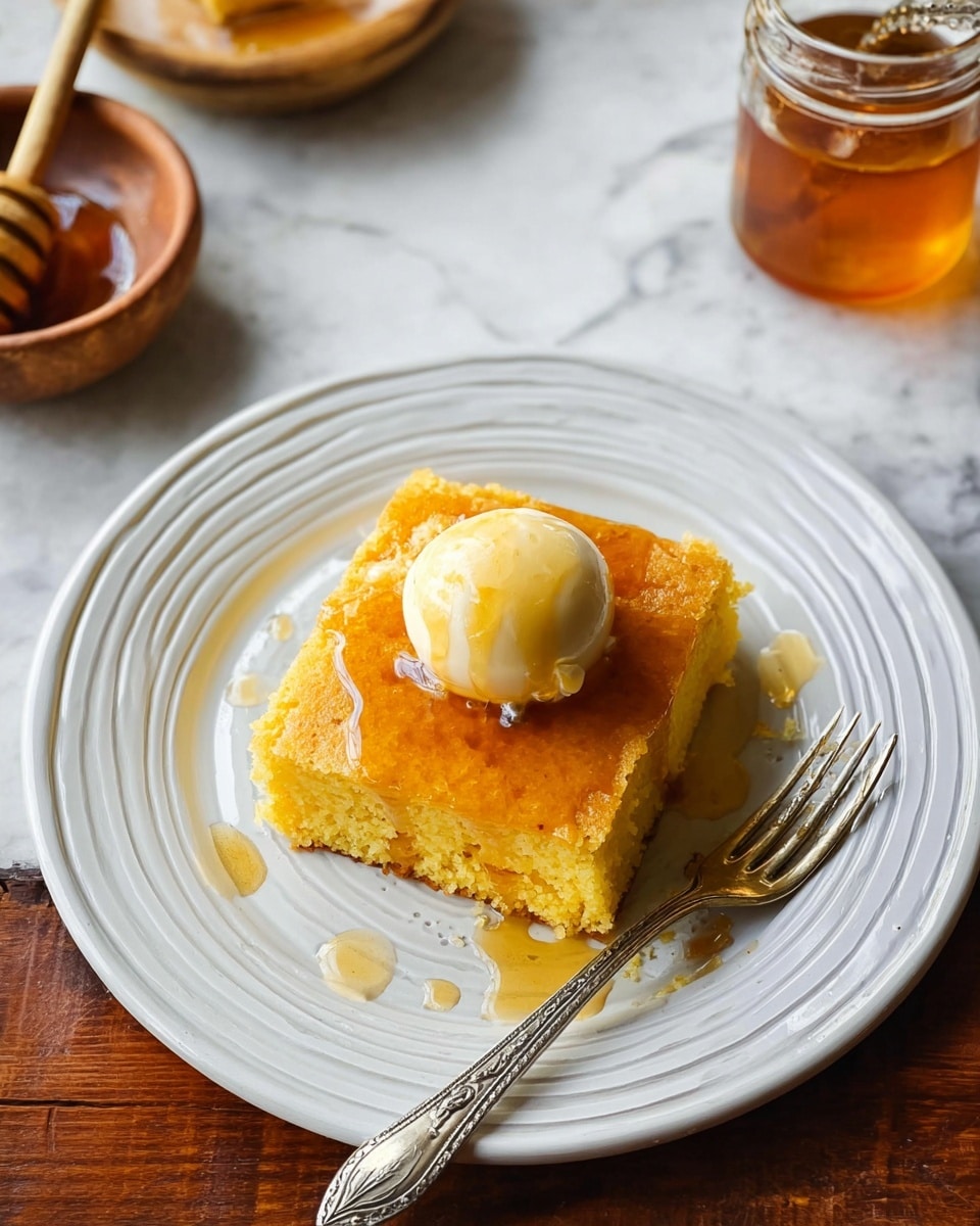 A square piece of yellow cornbread sits on a white plate with thin grey rings near the edges. On top of the cornbread is a round scoop of pale yellow softened butter melting slightly, with golden honey drizzled over both and pooling lightly on the plate around the cornbread. The cornbread looks moist and crumbly, and the plate rests on a white marbled surface. In the background, there is a small jar of honey with a gold lid, a pale bowl filled with honey, and a block of butter on a wooden board. photo taken with an iphone --ar 4:5 --v 7