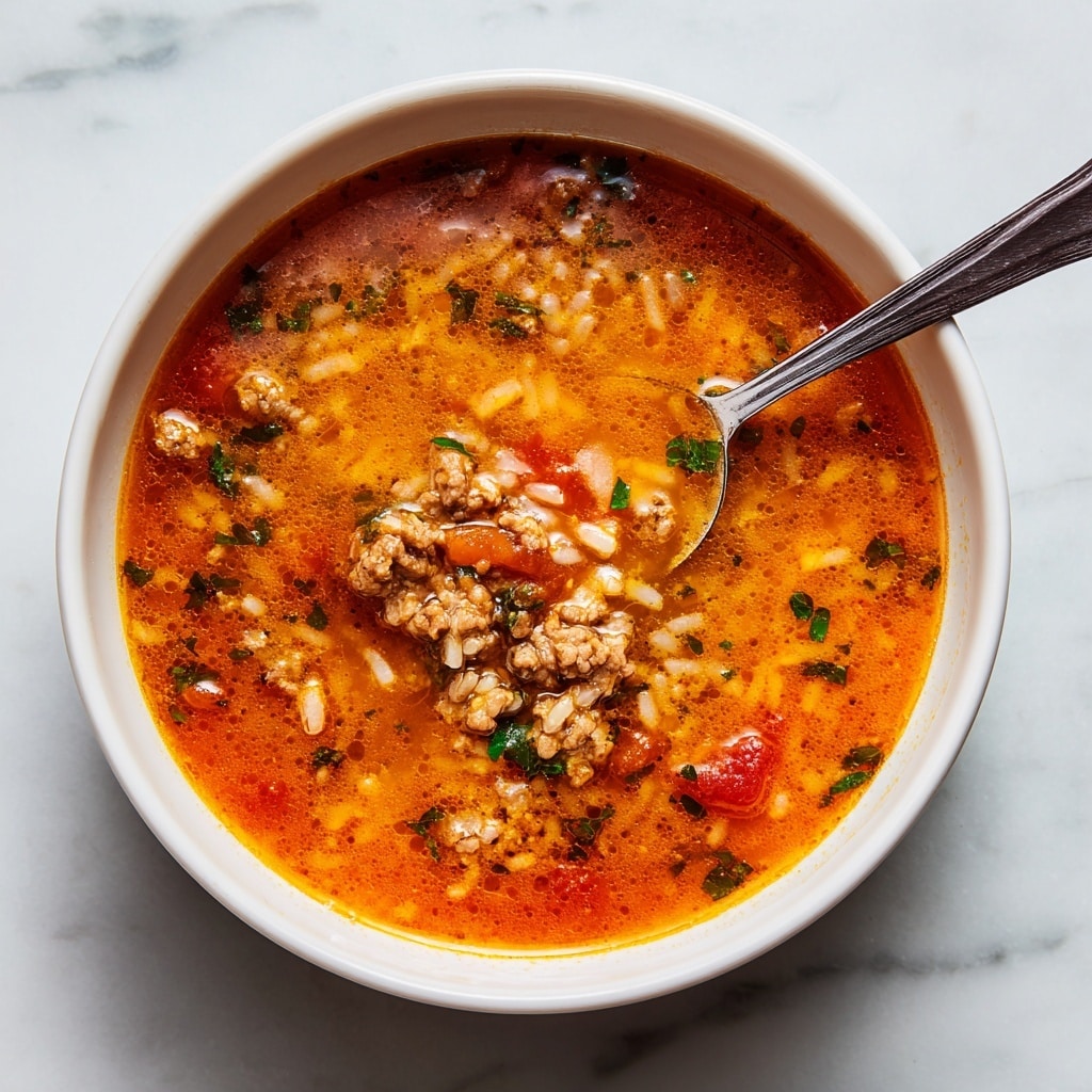The image shows a close-up of a bowl of vegetable soup with clear broth and visible layers of ingredients. At the top layer, there are small diced orange carrots and yellow potatoes scattered throughout, with bright red tomato chunks adding color. Thin, short pasta pieces like orzo are spread evenly on the surface, mixed with green herbs that appear to be parsley. The broth itself is light orange with oily spots and seasoning specks floating on top. A wooden spoon handle is partially visible on the right side of the white bowl, which sits on a white marbled surface with a folded blue and white striped cloth nearby. photo taken with an iphone --ar 4:5 --v 7
