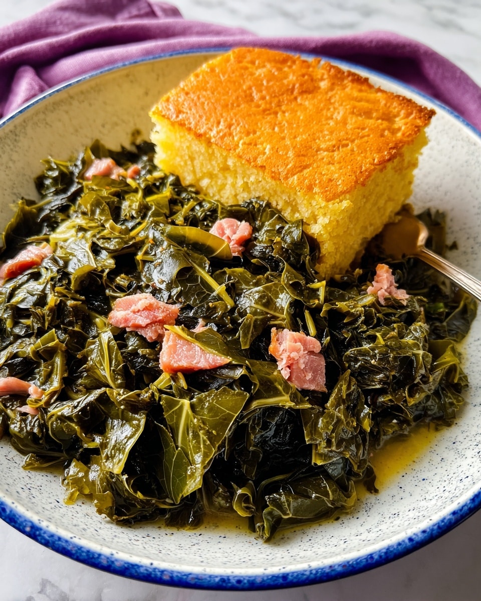 A white speckled bowl with a blue rim holds a serving of cooked dark green collard greens with soft, wilted texture mixed with small pieces of pinkish meat scattered throughout. Resting on the right side of the greens is a square piece of golden cornbread with a slightly crumbly texture and a shiny, buttery top layer. The bowl is placed on a white marbled surface with a folded purple cloth in the background. photo taken with an iphone --ar 4:5 --v 7
