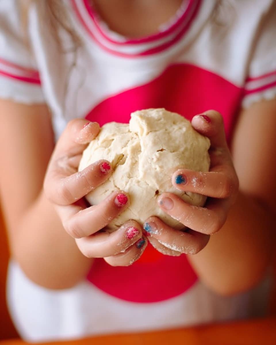 A close-up of a child holding a ball of pale beige dough with both hands, the dough looks soft and slightly crumbly with visible small cracks and uneven texture. The child's fingers show messy nails painted in red and blue polish. She wears a white shirt with pink and red stripes on the sleeves, and a red circle design on the front is partially visible. The background is a soft orange blur, and the scene is warm and homey. Photo taken with an iphone --ar 4:5 --v 7