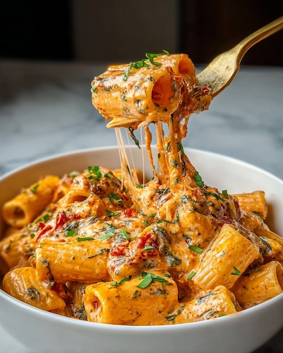 The image shows a close-up of tube-shaped pasta covered in a creamy, orange-colored cheese sauce with red specks, likely from tomatoes or spices. Fresh green basil leaves are scattered on top, adding a pop of color. The pasta is in a white bowl with a woman’s hand holding a gold fork lifting a portion, with melted cheese stretching in long strings from the bowl to the fork. The background is a plain, dark color with a white marbled surface beneath the bowl. photo taken with an iphone --ar 4:5 --v 7