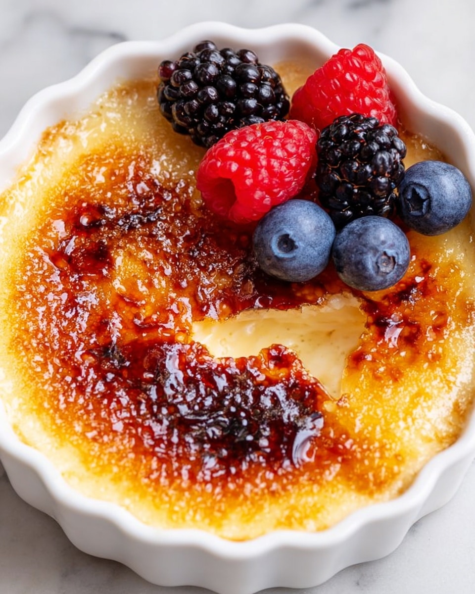 A close-up image of a single-serving creme brulee in a white scalloped ramekin, showing a golden brown, cracked caramelized sugar layer on top with a creamy, smooth pale yellow custard layer beneath. The top layer has a shiny, slightly uneven texture with some darker burnt spots. On one side, fresh berries are placed: two deep black blackberries, one bright red raspberry, and three small, round, dark blue blueberries. The dish is set on a white marbled surface. Photo taken with an iphone --ar 4:5 --v 7