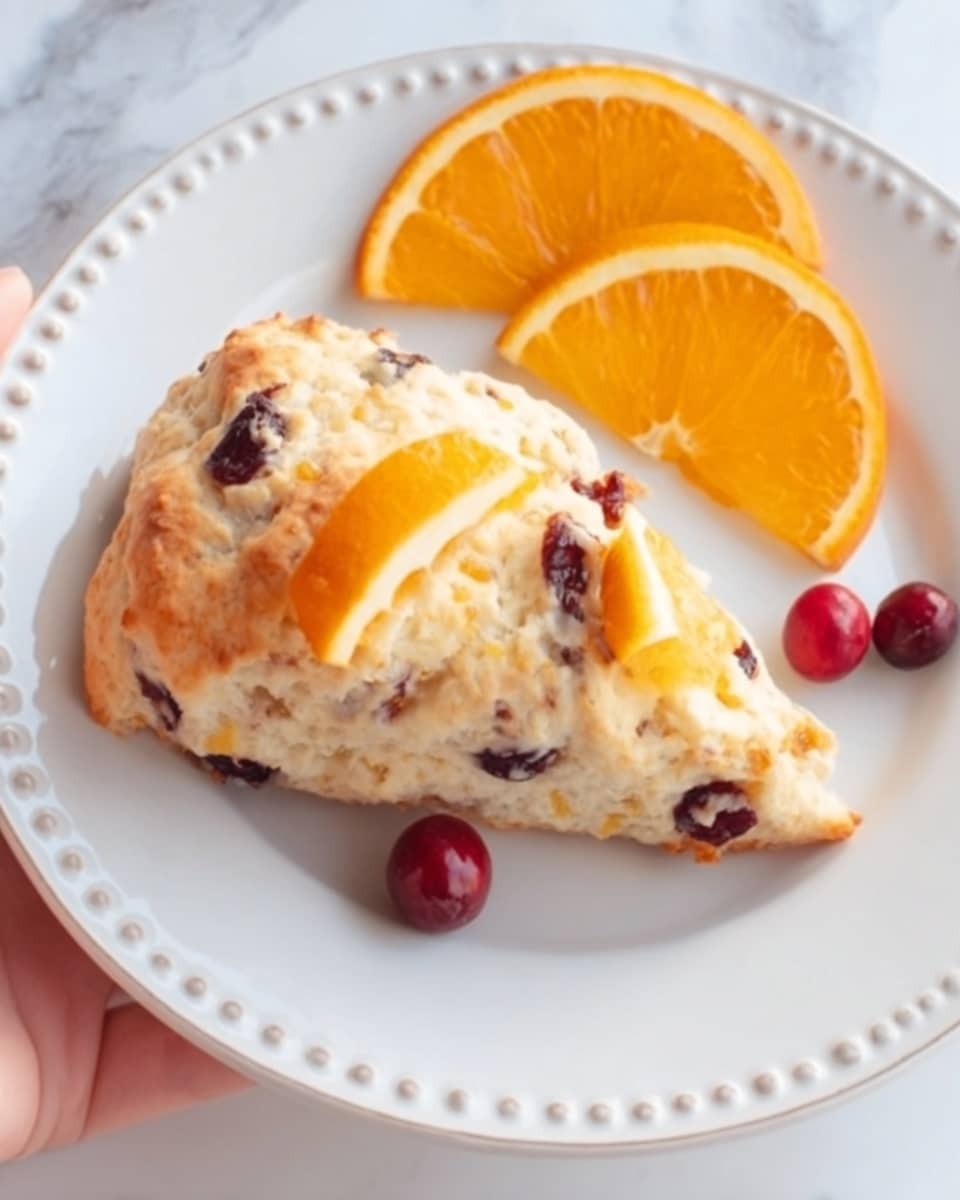The image shows a close-up of a scone split in half, with a creamy glaze dripping lightly over its golden-brown top layer. Inside the scone, bright red cranberries are visible, adding a pop of color within the soft, crumbly texture. Three thin, bright orange slices sit neatly on top of the scone, creating a fresh and vibrant contrast. Behind the scone, there are two white ceramic mugs with colorful knitted hat designs, each featuring different letters, filled with dark tea. The setup is on a light wooden surface with a white marbled texture in the background, and a towel with green, white, and red stripes is casually placed behind the mugs. Photo taken with an iphone --ar 4:5 --v 7