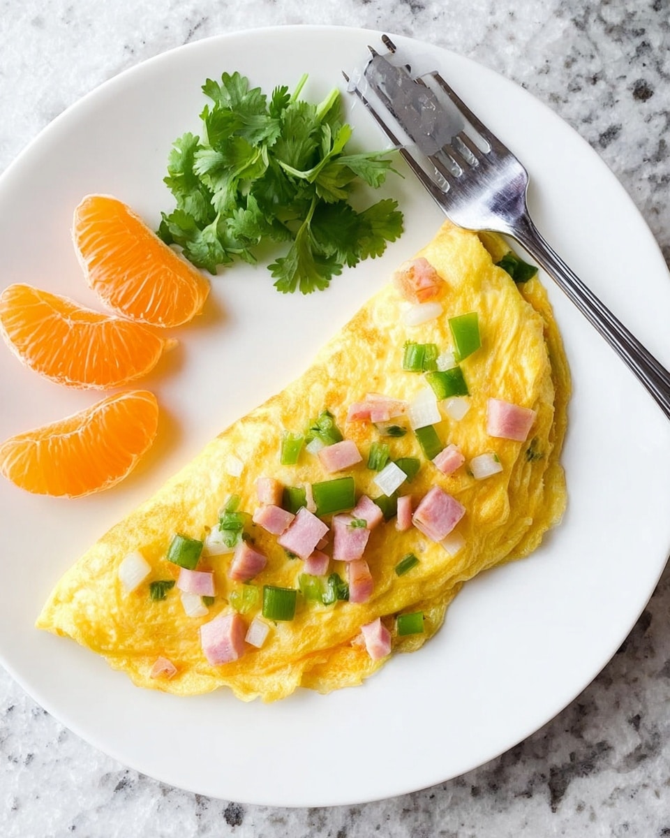 A white plate sits on a white marbled surface holding a folded yellow omelette with a slightly browned edge; the omelette is topped with small cubes of pink ham, chopped white onions, and green bell peppers scattered across its top layer. To the upper left of the omelette, there are four bright orange mandarin slices arranged side by side, and at the top right of the plate is a small bunch of green parsley. A silver fork is placed near the mandarin slices on the left side of the plate. Photo taken with an iphone --ar 4:5 --v 7