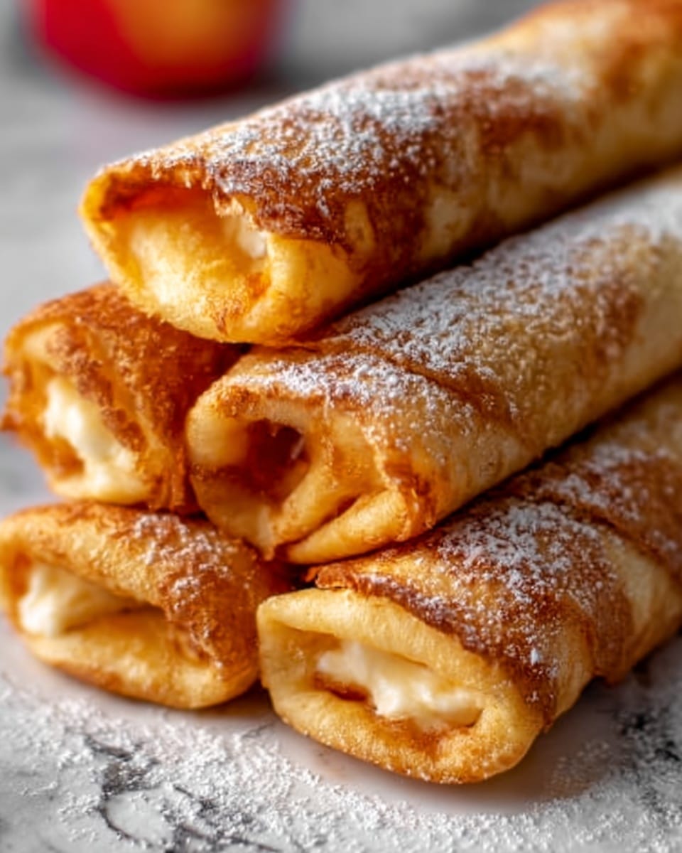 The image shows a close-up view of four rolled crepes stacked on a white surface with a white marbled background. Each crepe is thin, golden brown with a slight crisp on the edges. The filling is a pale yellow custard or cream that is visible where the crepes are slightly open at the ends. The crepes are lightly dusted with powdered sugar, adding a soft white contrast against the golden color. The texture of the crepes looks smooth with hints of browning and softness inside. Photo taken with an iphone --ar 4:5 --v 7