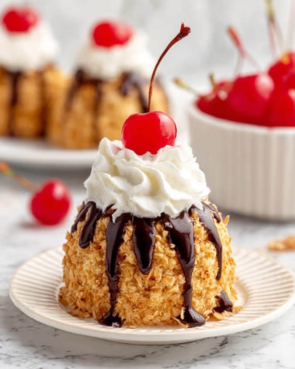 The dish shows a round dessert with three main layers visible: a bottom caramel-colored layer coated with crunchy golden flakes, a middle layer with thick, dark brown chocolate sauce dripping down the sides, and a top layer of fluffy white whipped cream crowned by a bright red cherry. The dessert is placed on a white plate, with a black spoon resting beside it. In the background, there are two more identical desserts on white plates and a small white bowl filled with more red cherries. The setting is on a white marbled surface with a white cloth decorated with colorful dots underneath the plates. Photo taken with an iphone --ar 4:5 --v 7