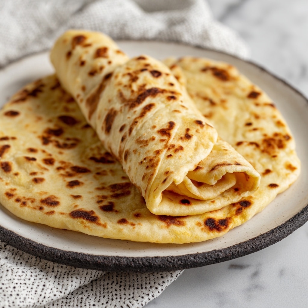 Two pieces of flatbread are shown on a round white plate with a rough black edge. One flatbread lies flat at the bottom, showing a light beige color with uneven brown toasted spots all over its surface. The second flatbread is rolled tightly and placed diagonally on top, displaying the same toasted pattern and color. The background is a white marbled texture with part of a dotted cloth visible near the plate. photo taken with an iphone --ar 4:5 --v 7