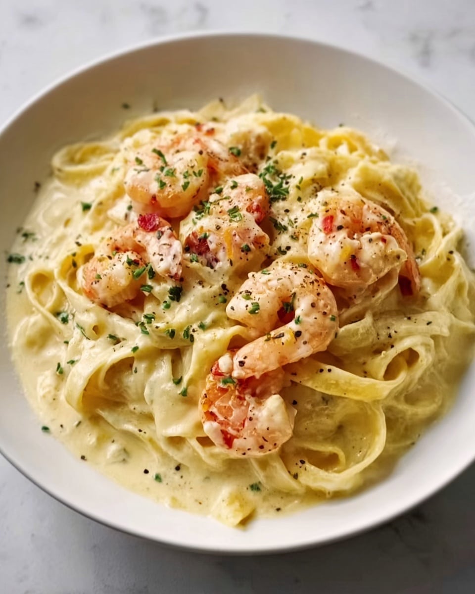 A white plate holds creamy fettuccine pasta covered in a thick, light yellow sauce. On top, there are several pieces of cooked shrimp with a pink and white color, sprinkled with small green herbs. The sauce looks smooth and rich, coating the pasta evenly. Some black pepper flakes are scattered over the dish, adding small dark spots. The scene is set on a white marbled surface. Photo taken with an iphone --ar 4:5 --v 7
