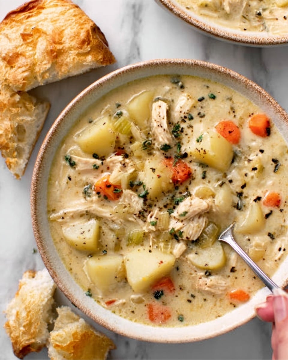 A white bowl filled with chicken soup sits on a white marbled surface. The soup has a clear golden broth with visible small pieces of cooked chicken, soft light yellow potato chunks, and bright orange carrot slices. Fresh green herbs are sprinkled on top, adding color and freshness to the dish. The textures show tender chicken, soft vegetables, and the smooth broth, all layered naturally in the bowl. Photo taken with an iphone --ar 4:5 --v 7