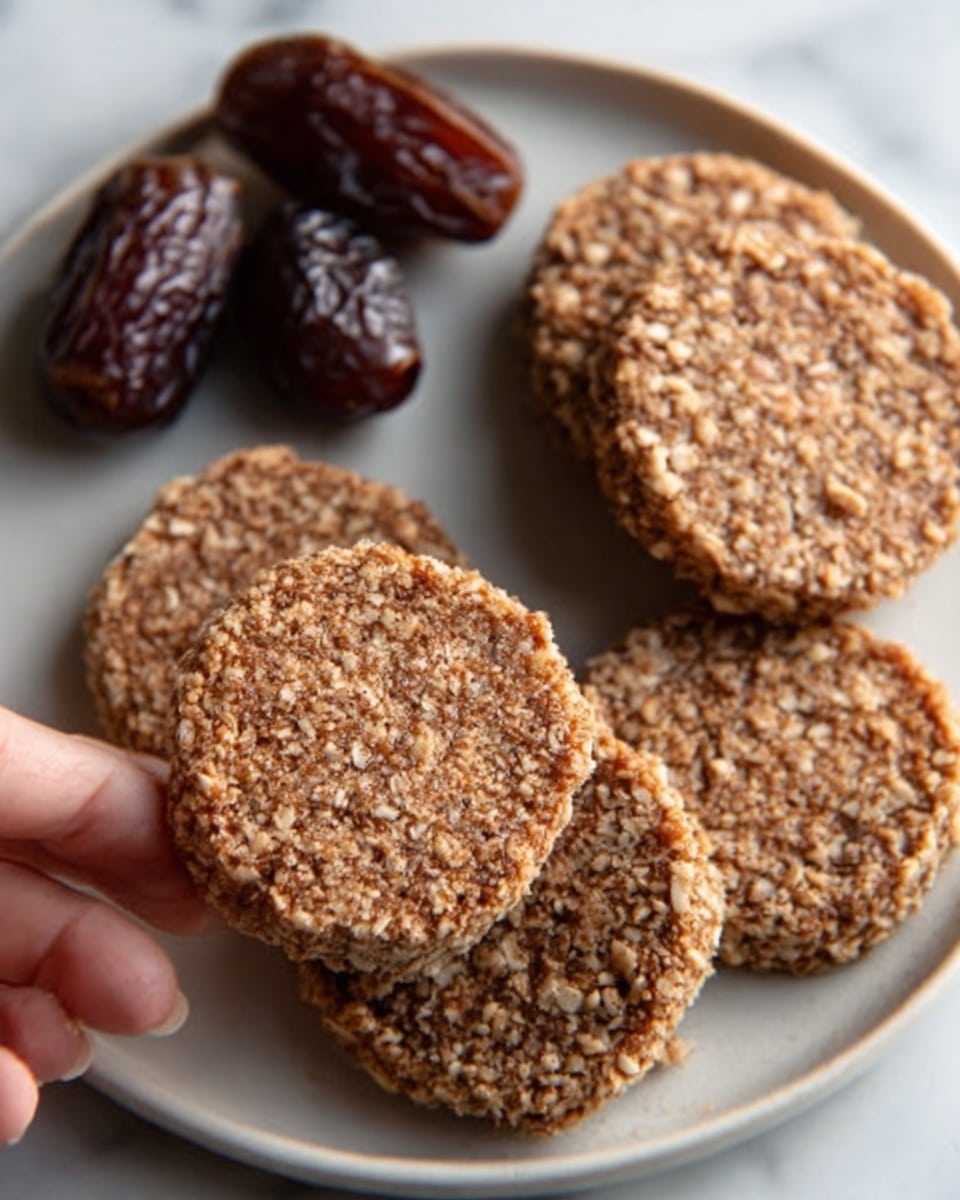 The image shows several round, flat cookies with a crumbly texture and a light brown color, each made of chopped nuts or seeds. They are placed on a white plate that also holds a few dark brown dates with a glossy surface. The background is a white marbled surface. A woman's hand is gently holding one of the round cookies from the edge, showing its thickness and texture clearly. The scene has warm, natural lighting. photo taken with an iphone --ar 4:5 --v 7