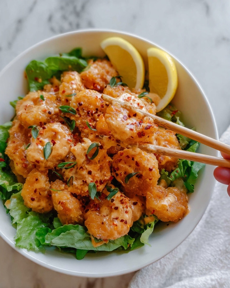 A white bowl holds a dish with three clear layers: the bottom layer is fresh green lettuce leaves with a crisp texture, the middle layer is several bright yellow lemon wedges positioned at the top right, and the top layer is a generous pile of golden brown, crispy fried shrimp coated in a creamy light orange sauce, sprinkled with finely chopped green herbs and black pepper. The background is a white marbled texture. photo taken with an iphone --ar 4:5 --v 7
