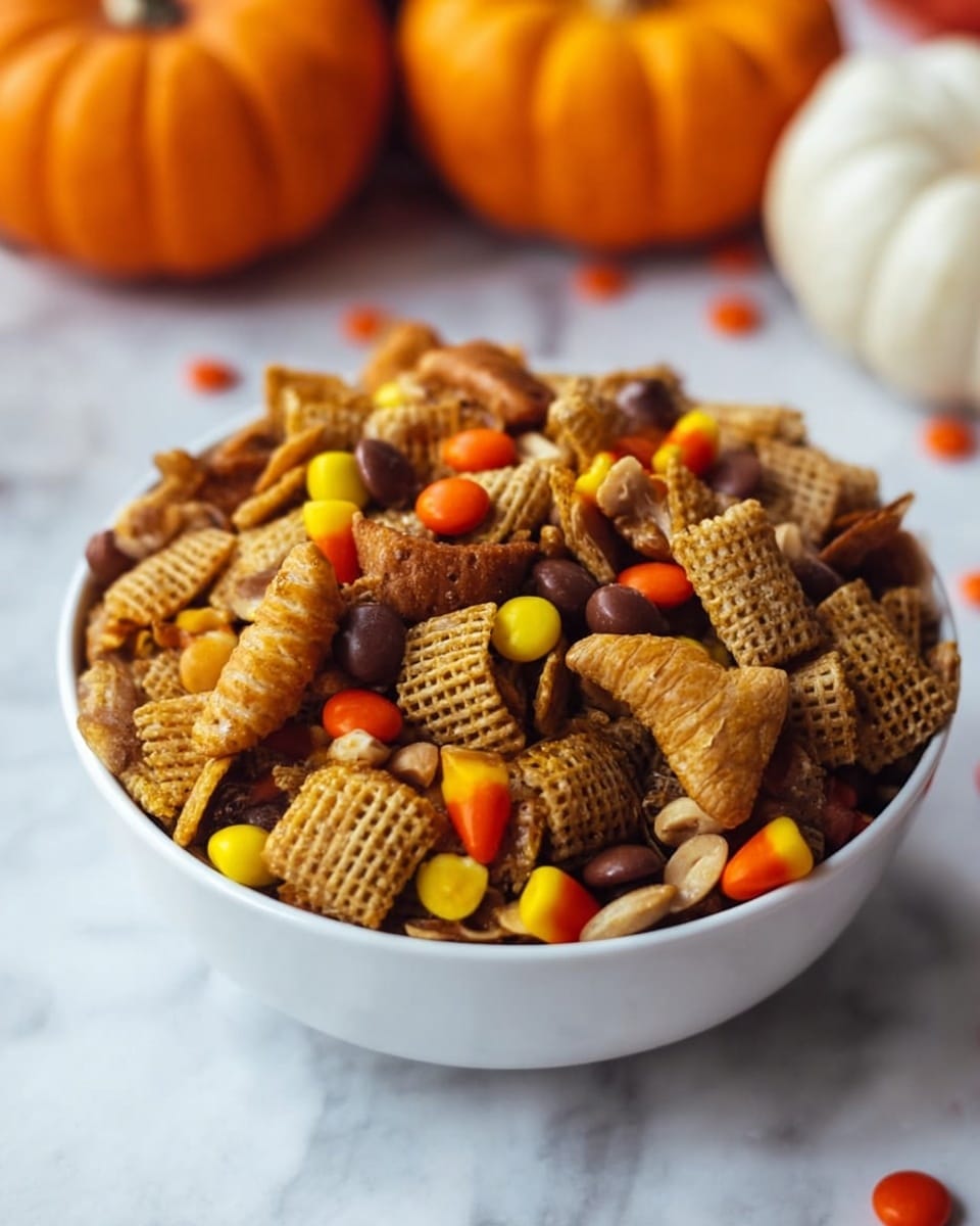 A white bowl filled with a mix of snack pieces, including light brown crunchy cereal squares and ridged cone-shaped snacks, sprinkled with smooth candy-coated pieces in bright yellow, orange, and brown. The mixture shows varied textures from crispy cereals to shiny candies, with some peanuts adding to the crunchy look. The bowl sits on a white marbled surface with blurred orange and white pumpkins in the background. photo taken with an iphone --ar 4:5 --v 7