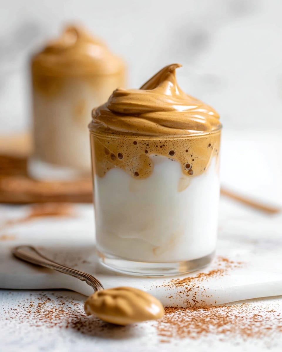A clear glass is filled about three-quarters with white milk at the bottom, topped with a thick, fluffy, light brown whipped coffee layer that swirls softly above the rim of the glass. Tiny bubbles and froth texture are visible where the coffee meets the milk, creating a smooth transition. In front of the glass, there is a white marbled surface with a spoon lying on it, holding a dollop of the same whipped coffee, and some scattered fine brown coffee powder nearby. The background is softly blurred with another similar glass visible, all set on a white marbled texture. Photo taken with an iphone --ar 4:5 --v 7