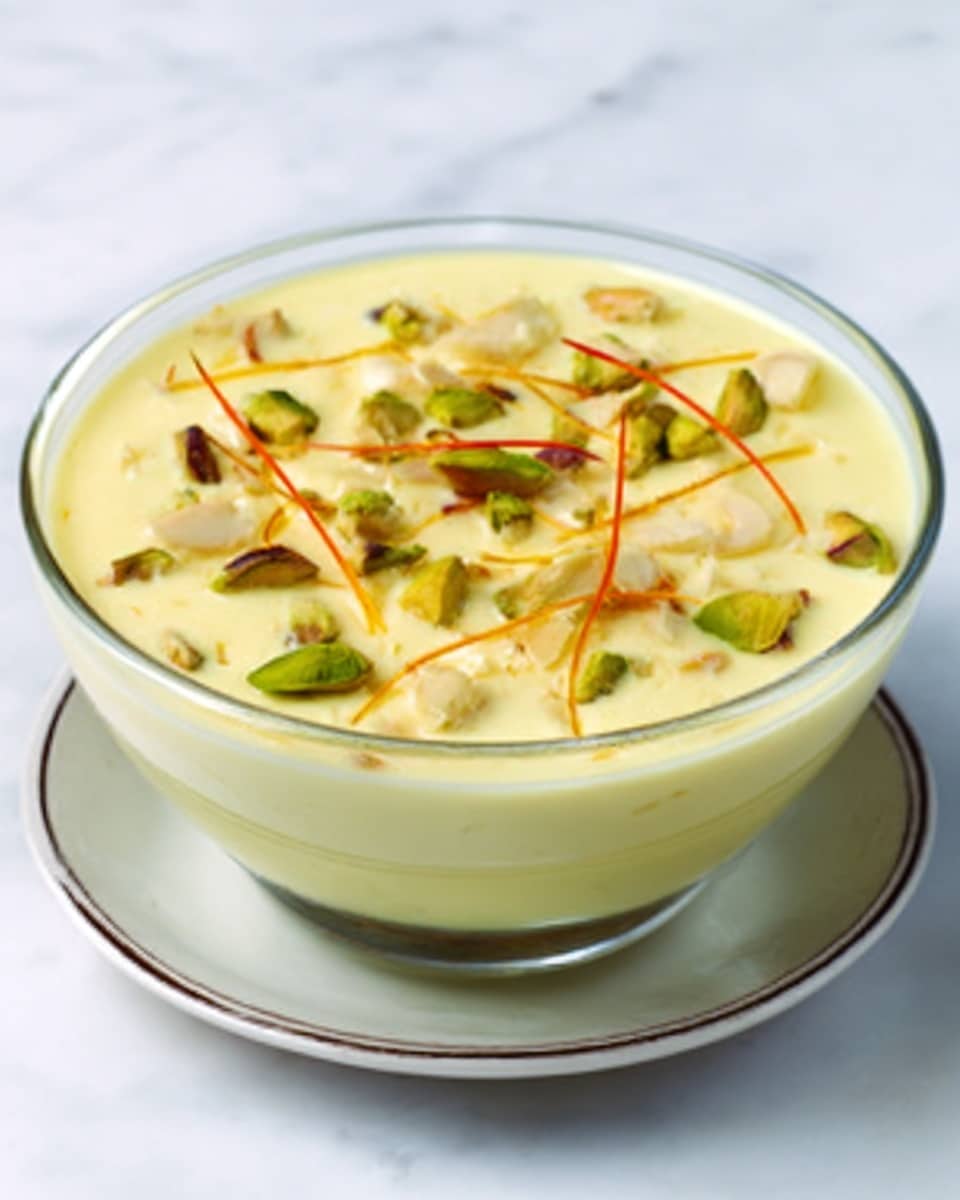 A glass filled with a thick creamy light beige drink that has visible small pieces of nuts and green pistachio slivers mixed throughout, topped with golden-brown sliced nuts and green pistachio pieces on the surface. The glass sits on a cork coaster, and the background is a white marbled texture. The drink looks rich and smooth with a slightly grainy texture from the nuts. Photo taken with an iphone --ar 4:5 --v 7