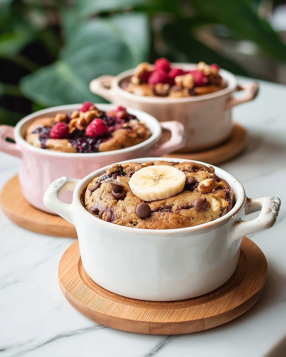 Three small round white ceramic ramekins filled with freshly baked muffins sit on a white marbled surface. The closest ramekin in the front is pale pink with a handle, topped with golden brown muffin layers dotted with glossy dark chocolate chips and slices of slightly caramelized banana. Behind it to the left is another white ramekin filled with muffins that have a golden crust topped with scattered red raspberries. To the right is a white ramekin holding muffins topped with plump dark blueberries and a crumbly texture. In the background, a light blue ceramic cup and lush green leaves add a cozy touch. Photo taken with an iphone --ar 4:5 --v 7