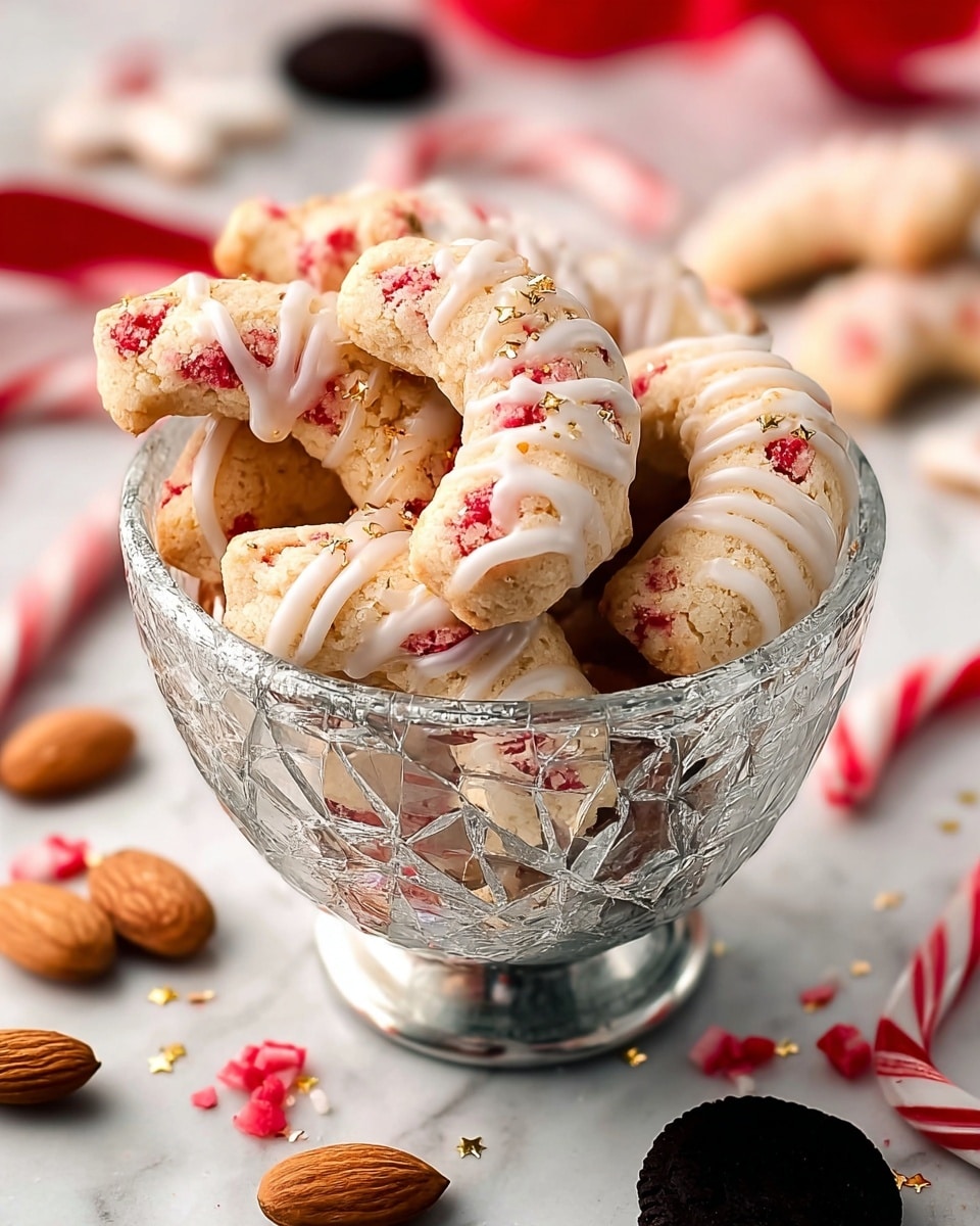 A small silver cracked-glass bowl filled with thick, crescent-shaped cookies that have red bits inside and are drizzled with white icing on top, some cookies decorated with small gold star sprinkles, the bowl is placed on a white marbled surface scattered with whole almonds, small red pieces, a whole dark round cookie, and red and white candy canes around it, soft lighting highlights the textures and colors of the cookies and decorations, photo taken with an iphone --ar 4:5 --v 7