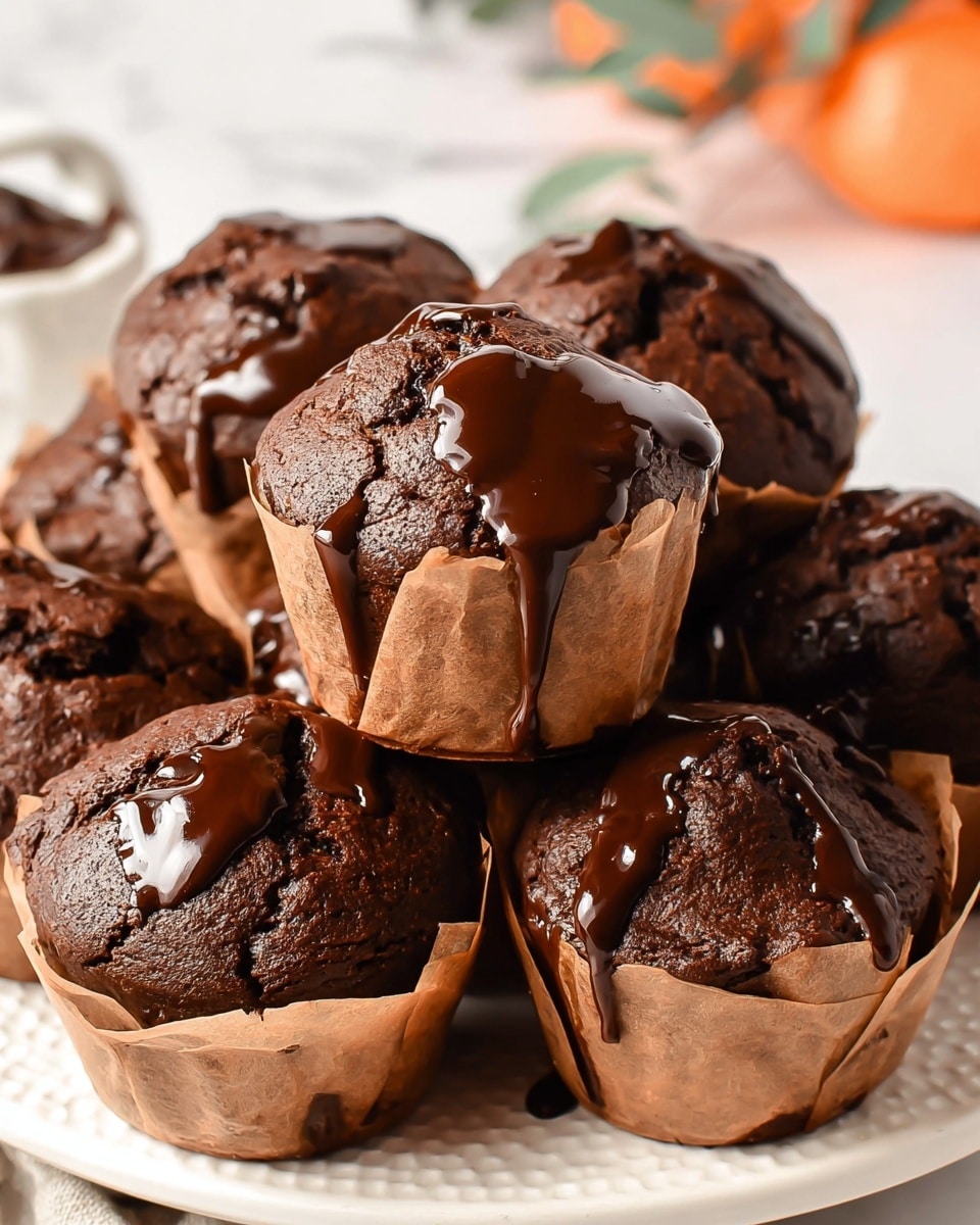 A pile of dark chocolate muffins wrapped individually in light brown parchment paper. Each muffin has a rich, cracked surface with glossy, melted chocolate dripping down mainly on the top and sides. The muffins are stacked closely together on a white plate, placed on a white marbled texture surface. The background includes a soft focus with hints of warm colors like orange and a sprig of green herbs near the bottom left. The overall look is moist and indulgent with a mix of matte and shiny textures. photo taken with an iphone --ar 4:5 --v 7