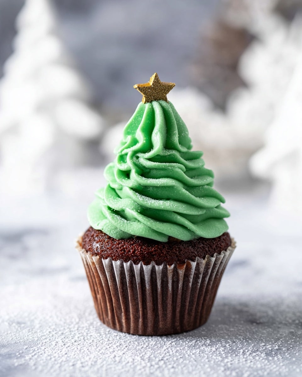 This image shows several chocolate cupcakes with green frosting shaped like Christmas trees. Each cupcake has a brown paper liner and a swirl of thick, textured green frosting on top, decorated with small red and white candy beads. The frosting is dusted with white powdered sugar, giving a snowy effect. On top of the closest cupcake is a small yellow star candy. The cupcakes are placed on a white marbled surface lightly covered with powdered sugar, resembling fresh snow. The background is blurry but shows more cupcakes with similar decorations. Photo taken with an iphone --ar 4:5 --v 7