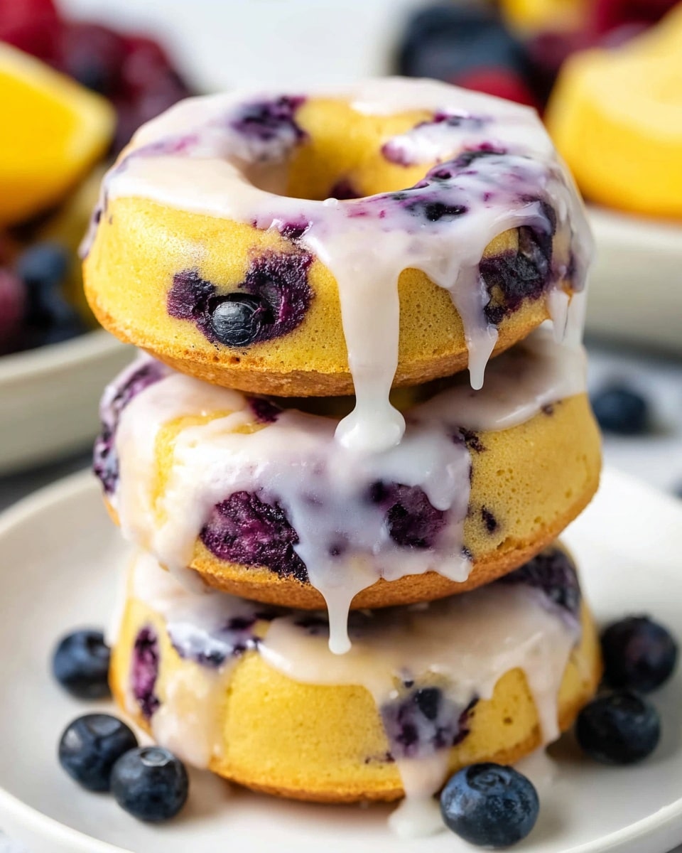 A stack of three small blueberry donuts sits on a white plate with a white marbled texture in the background. Each donut is golden yellow with visible dark purple blueberries baked inside, and they are covered with a thick white glaze that drips down the sides. The donuts are stacked neatly one on top of the other, with extra blueberries and a lemon visible around the plate. The glaze looks smooth and shiny, contrasting with the soft and slightly porous texture of the donuts. Photo taken with an iphone --ar 4:5 --v 7