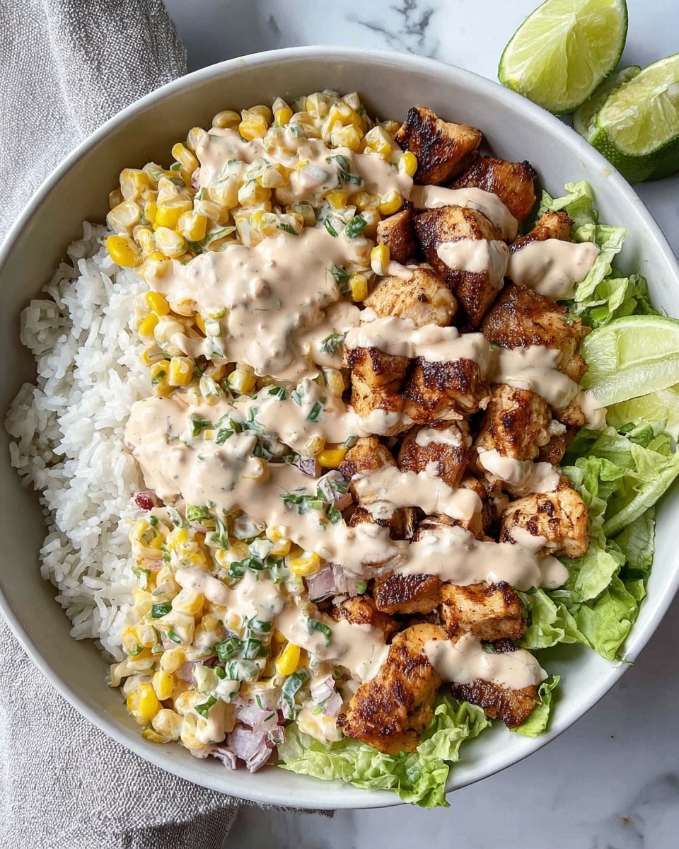 A white bowl filled with four main layers starts with white fluffy rice on the left side, creamy corn salad with yellow corn kernels and finely chopped red and green bits on the right side, a few pieces of fresh green lettuce at the bottom right, and grilled golden-brown chunks of seasoned chicken in the middle. All layers are topped with thick light beige sauce drizzled unevenly. The bowl is placed on a white marbled surface, with two sliced green limes in the top right corner and a light gray cloth visible on the left edge. Photo taken with an iphone --ar 4:5 --v 7