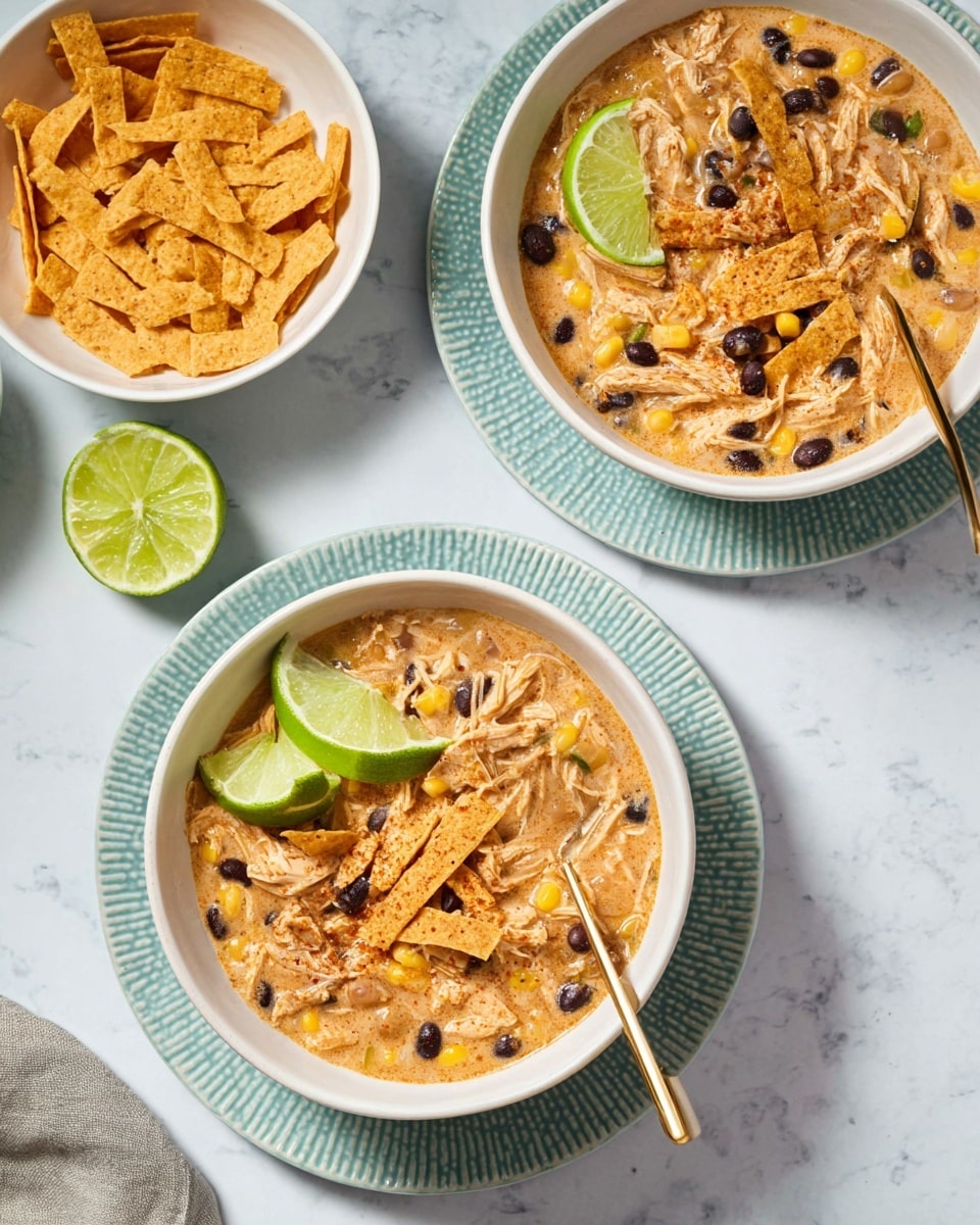 Two white bowls are filled with creamy stew topped with shredded chicken, black beans, and corn in a slightly thick light brown sauce. Each bowl is garnished with bright orange crispy fried strips on one side and a fresh lime wedge on the other, sprinkled with green herbs. One bowl has a gold spoon resting inside it. Both bowls sit on textured light blue ceramic plates, placed on a white marbled surface. A smaller white bowl with extra crispy strips and a clear glass with lime wedges appear near the bowls. photo taken with an iphone --ar 4:5 --v 7