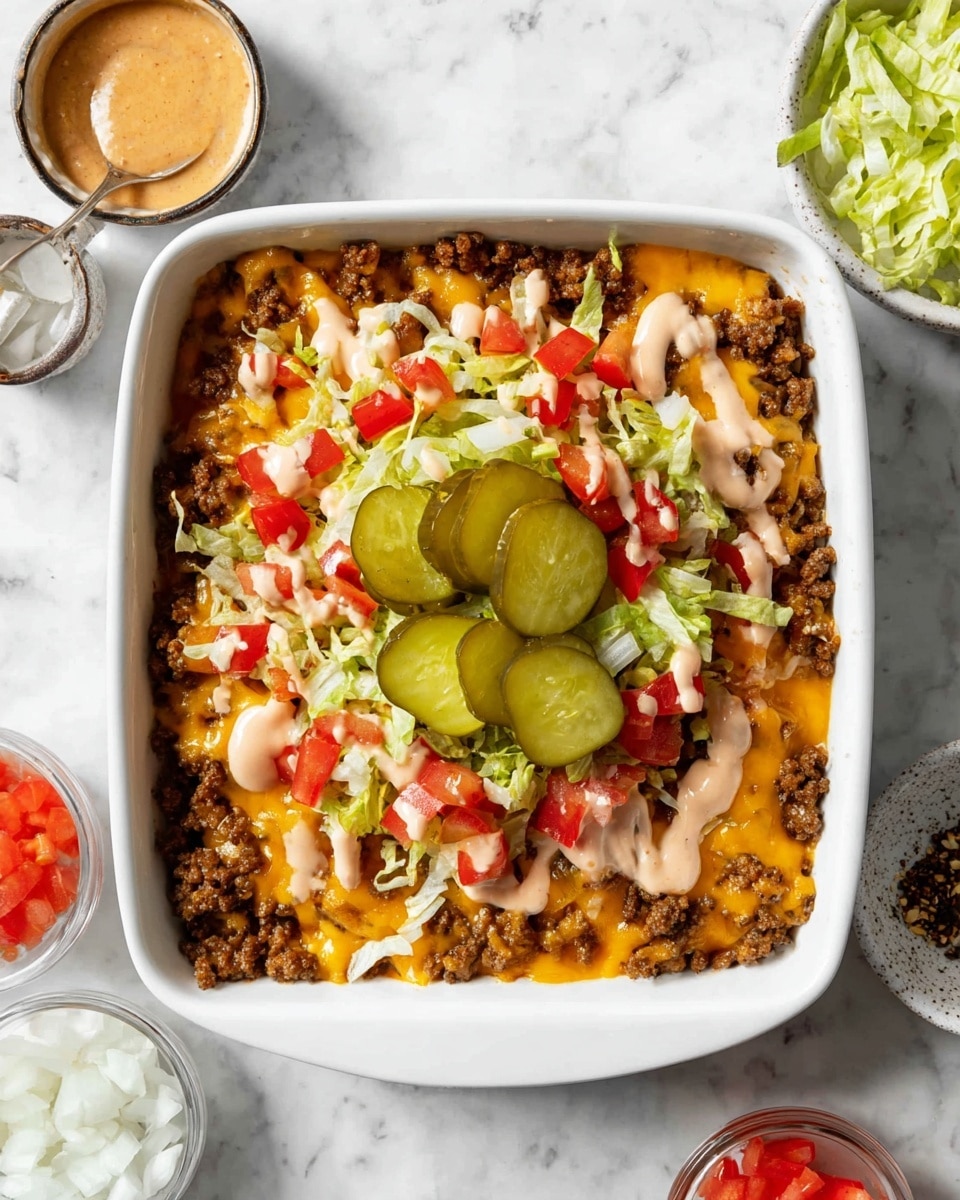 A white square baking dish holds a layered casserole. The bottom and edges show browned ground beef mixed with melted golden cheddar cheese. On top, there is a layer of shredded light green lettuce, chopped red tomatoes, and small bits of white onion placed in a line down the center. Over the beef and cheese, there are several bright green pickle slices arranged evenly on the lettuce. Light orange creamy sauce is drizzled over the top, adding a smooth texture and contrasting with the rough beef and fresh vegetables. The dish is set on a white marbled surface. photo taken with an iphone --ar 4:5 --v 7
