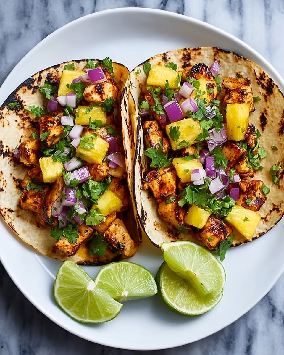 Two grilled chicken tacos on a white plate, each taco having a soft tortilla base with char marks, layered with chunks of grilled chicken that are golden brown with some dark grill spots, topped with diced yellow pineapple pieces, small pieces of bright purple-red onion, and fresh green cilantro leaves scattered on top. To the side of the tacos, there are three lime wedges with a juicy, light green inside. The plate sits on a white marbled surface. Photo taken with an iphone --ar 4:5 --v 7