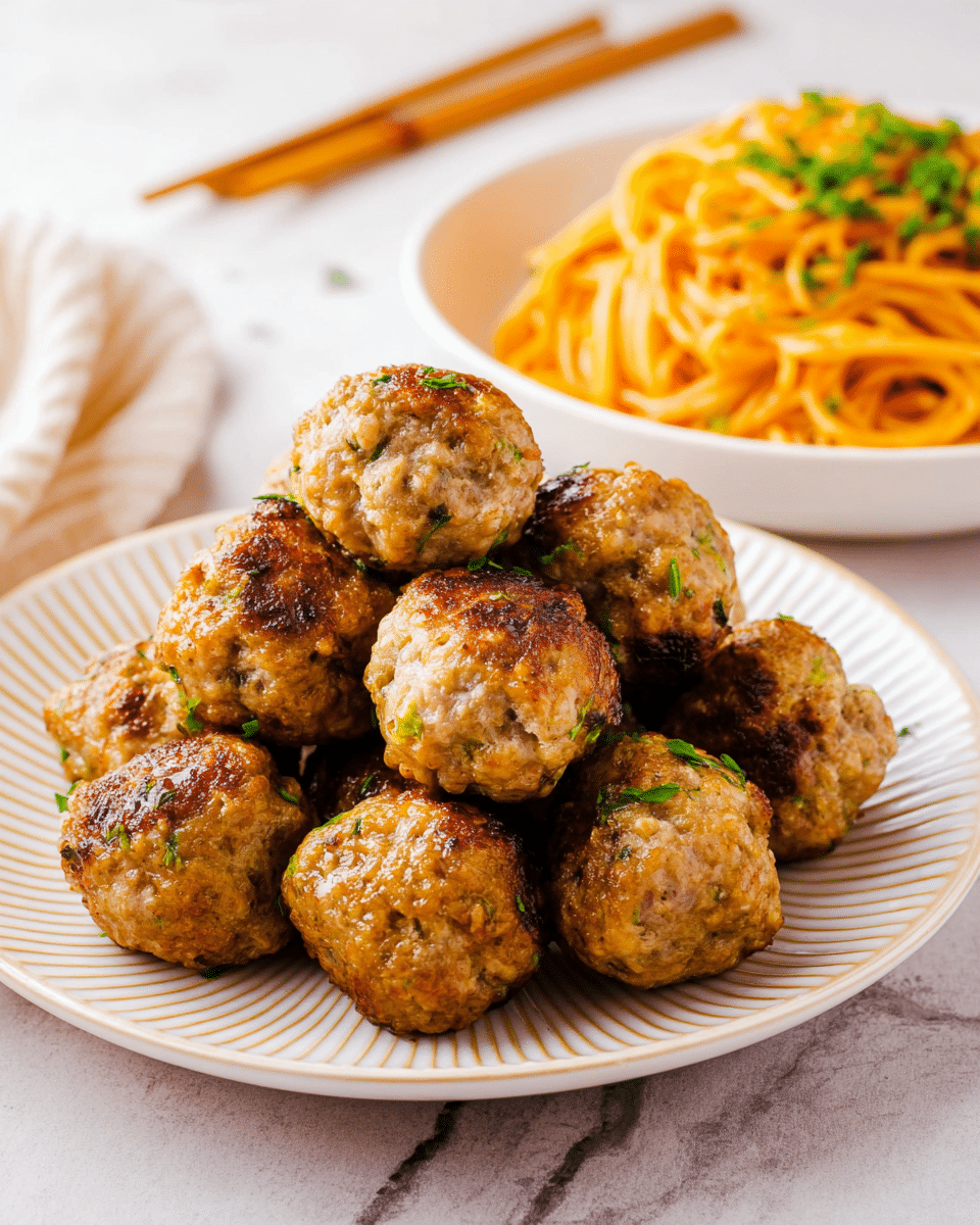 A pile of about twelve golden brown meatballs with a slightly crispy and uneven texture rests on a white ridged plate. Small green herb pieces are sprinkled over the meatballs and plate, adding a fresh touch. In the background, there are two white bowls, one with bright orange spaghetti garnished with green herbs, placed on a white marbled surface. Two wooden chopsticks lay behind the plate. photo taken with an iphone --ar 4:5 --v 7