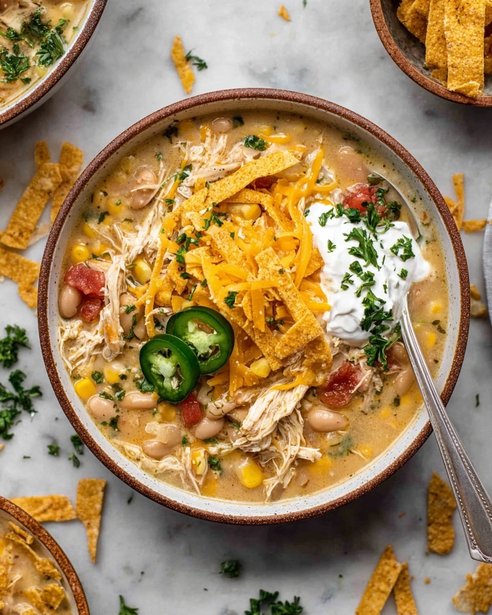 The image shows a bowl of creamy chicken soup with three main layers: at the bottom is a mixture of shredded white chicken, yellow corn, white beans, and diced red tomatoes in a light beige creamy broth; the middle layer has yellow cheddar cheese shredded generously over the soup and some three slices of green jalapeño pepper placed near the cheese; the top layer consists of golden, crispy tortilla strips piled on one side of the bowl, and a dollop of white sour cream sprinkled with chopped green herbs sits next to the cheese; the bowl is off-white with a brown rim, and a silver spoon rests inside it. The surface beneath is a white marbled texture, with scattered tortilla strips and parsley leaves around. photo taken with an iphone --ar 4:5 --v 7