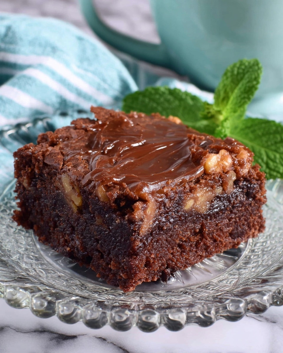 A square piece of rich chocolate brownie sits on a clear glass plate with a detailed pattern. The brownie has two visible layers: a thick, dense dark brown base layer and a glossy, slightly cracked chocolate top layer with a textured, gooey appearance mixed with bits of nuts. A small fresh green mint leaf garnishes the back of the brownie, adding a pop of color. Behind the plate, there is a blue and white striped cloth and a light blue baking dish filled with more brownies, against a white marbled surface. Photo taken with an iphone --ar 4:5 --v 7