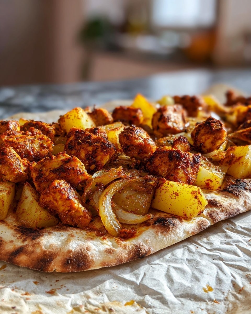 A close-up image of a rectangular flatbread base with a slightly charred edge and an uneven texture, topped with a generous layer of golden browned chicken cubes, roasted potato chunks, and soft cooked onion slices. The chicken pieces are coated with a reddish spice rub giving them a crispy, textured surface. The potatoes are yellow with a slightly crispy, golden skin, while the onions have a translucent sheen and light browning. The ingredients are arranged thickly across the flatbread in an uneven but full layer. The dish is placed on a crinkled sheet on a white marbled textured surface with a blurred kitchen background. photo taken with an iphone --ar 4:5 --v 7