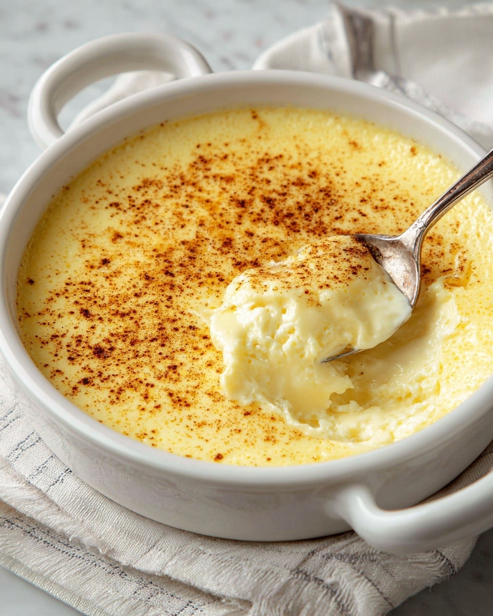 A white bowl filled with a creamy, yellow custard pudding topped with a thin, browned layer of cinnamon powder scattered unevenly on the surface. The custard is smooth with a slightly firm top layer and soft, creamy texture underneath, visible where a spoon has scooped out some of the pudding. The spoon, made of metal, rests inside the bowl with a scoop of the pudding on it. The bowl is placed on a white marbled texture with a green and white checkered cloth underneath. Photo taken with an iphone --ar 4:5 --v 7
