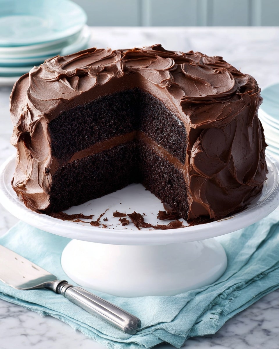 A two-layer round chocolate cake sits on a white cake stand. The inside shows moist dark chocolate sponge layers separated by a smooth, thick layer of dark chocolate frosting. The outside is fully covered with swirled, rich chocolate frosting with a shiny, creamy texture and large swoops and peaks. The cake has a slice removed, showing the cake layers clearly. The stand rests on a white marbled surface with a light blue cloth nearby and a metal cake server beside it. photo taken with an iphone --ar 4:5 --v 7