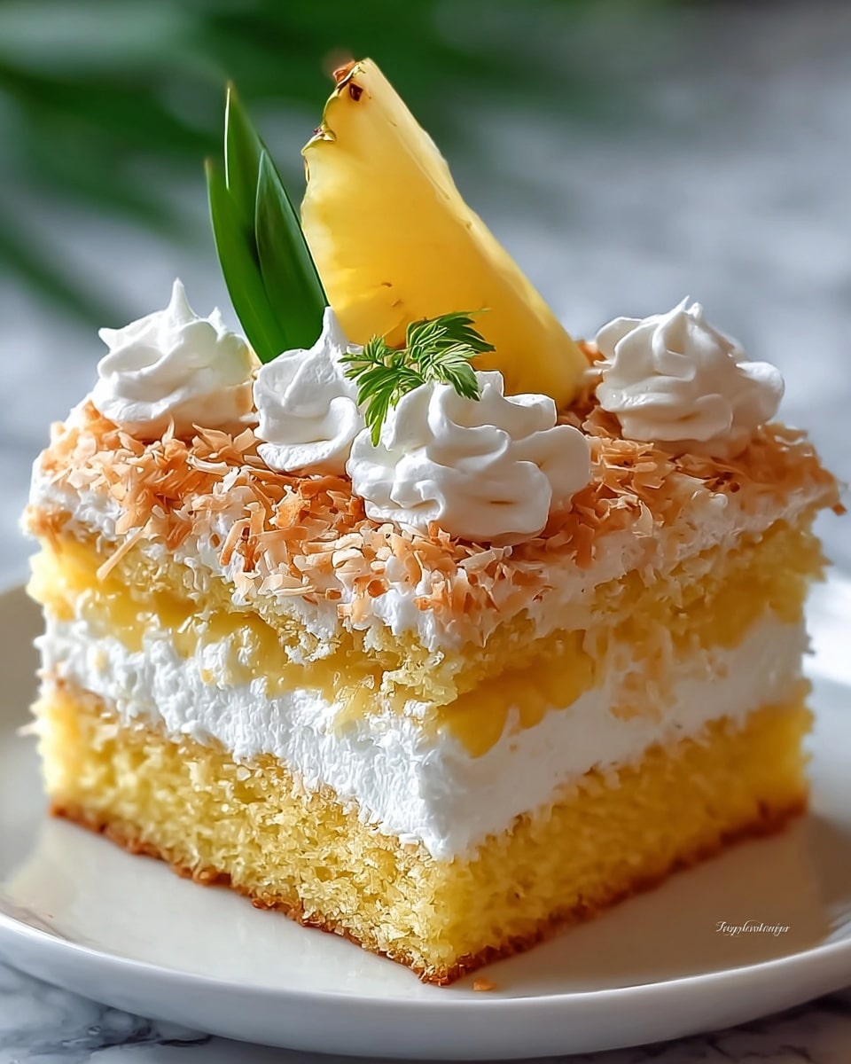 A square slice of pineapple cake with two thick yellow sponge layers is shown, separated by a thick layer of white cream. The top sponge layer is covered with shredded toasted coconut, giving a light brown texture. Three dollops of white whipped cream rest on top, with a small green leaf on one dollop, and a triangular piece of fresh pineapple stands vertically in the middle. The cake slice sits on a white plate against a white marbled texture background. photo taken with an iphone --ar 4:5 --v 7