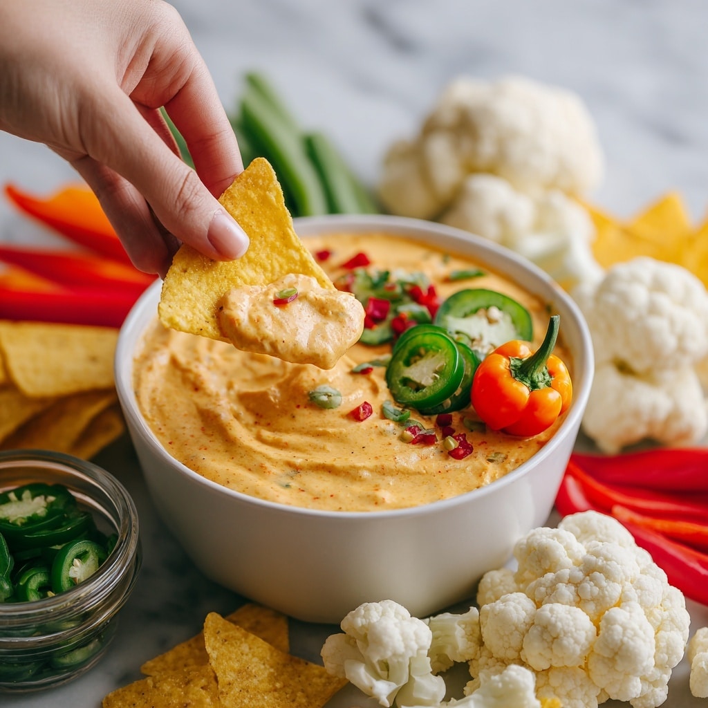 A bowl of creamy, light orange cheese dip topped with green cilantro leaves and three slices of dark green jalapeños, with half an orange mini pepper resting on the right edge of the bowl and a triangular yellow chip dipped inside. Surrounding the bowl are yellow tortilla chips layered in clusters, bright red, orange, and yellow mini peppers on the sides, white pieces of cauliflower florets at the bottom, and a jar with sliced jalapeños at the lower left. The entire arrangement is on a white marbled texture. photo taken with an iphone --ar 4:5 --v 7