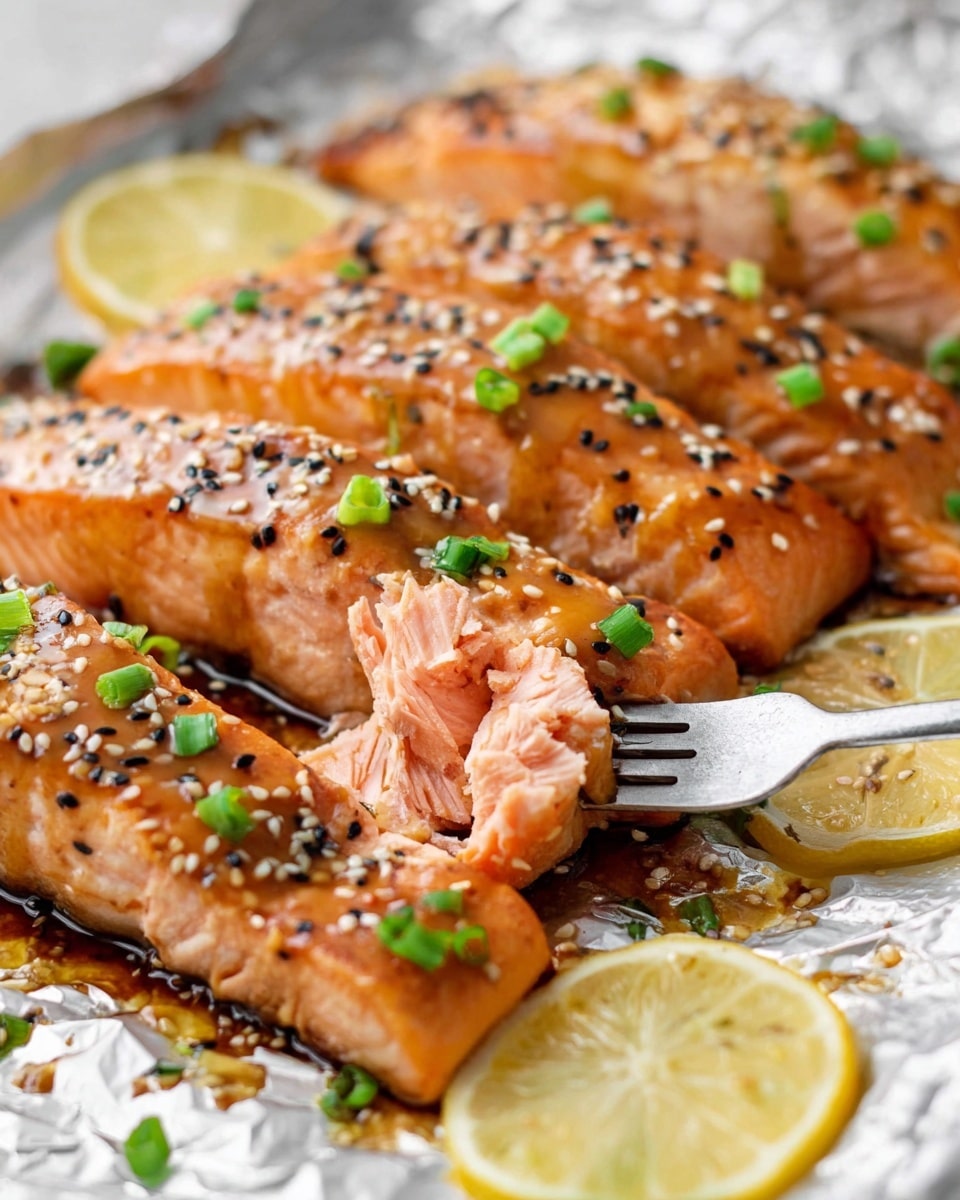 Close-up image of five cooked salmon fillets placed side by side on crumpled aluminum foil over a white marbled surface. Each fillet is a soft pink-orange color with a shiny light brown sauce glaze on top. The sauce is speckled with black and white sesame seeds, and chopped green onions are sprinkled over the fillets. A silver fork is lifting a chunk of salmon from the front fillet, showing the tender, flaky texture inside. Thin slices of yellow lemon are placed around the fillets in the background. Photo taken with an iphone --ar 4:5 --v 7