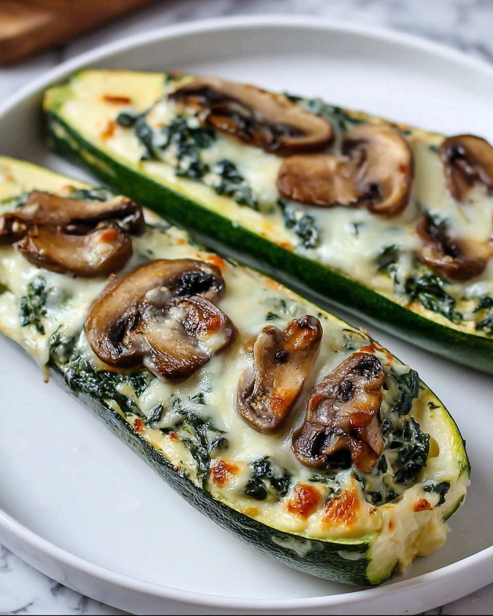 Two zucchini halves are placed on a white plate with a white marbled background. Each zucchini is hollowed out and filled with layers starting with a creamy pale yellow base inside the green zucchini shells, followed by a generous layer of cooked, dark green spinach mixed with the creamy base. The top layer is melted white cheese with a slightly golden touch, dotted with slices of browned mushrooms with a soft texture. The dish looks warm and freshly baked. photo taken with an iphone --ar 4:5 --v 7