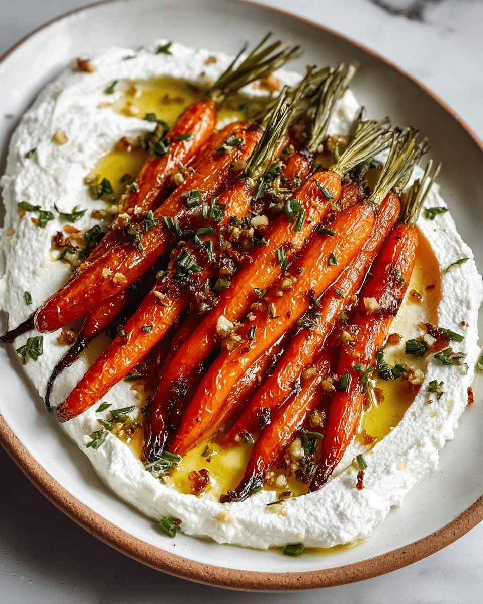 The dish shows a white oval plate filled with a thick layer of creamy white spread, topped with a neat row of bright orange roasted carrots with green tops, each carrot showing light char marks and a shiny glaze. Small bits of white cheese crumble are scattered across the carrots, and fresh green herbs are sprinkled on top. There is a golden yellow oily sauce visible around the edges of the spread. The plate sits on a white marbled surface, and in the background, a small black bowl with an orange sauce is slightly blurred. Photo taken with an iphone --ar 4:5 --v 7