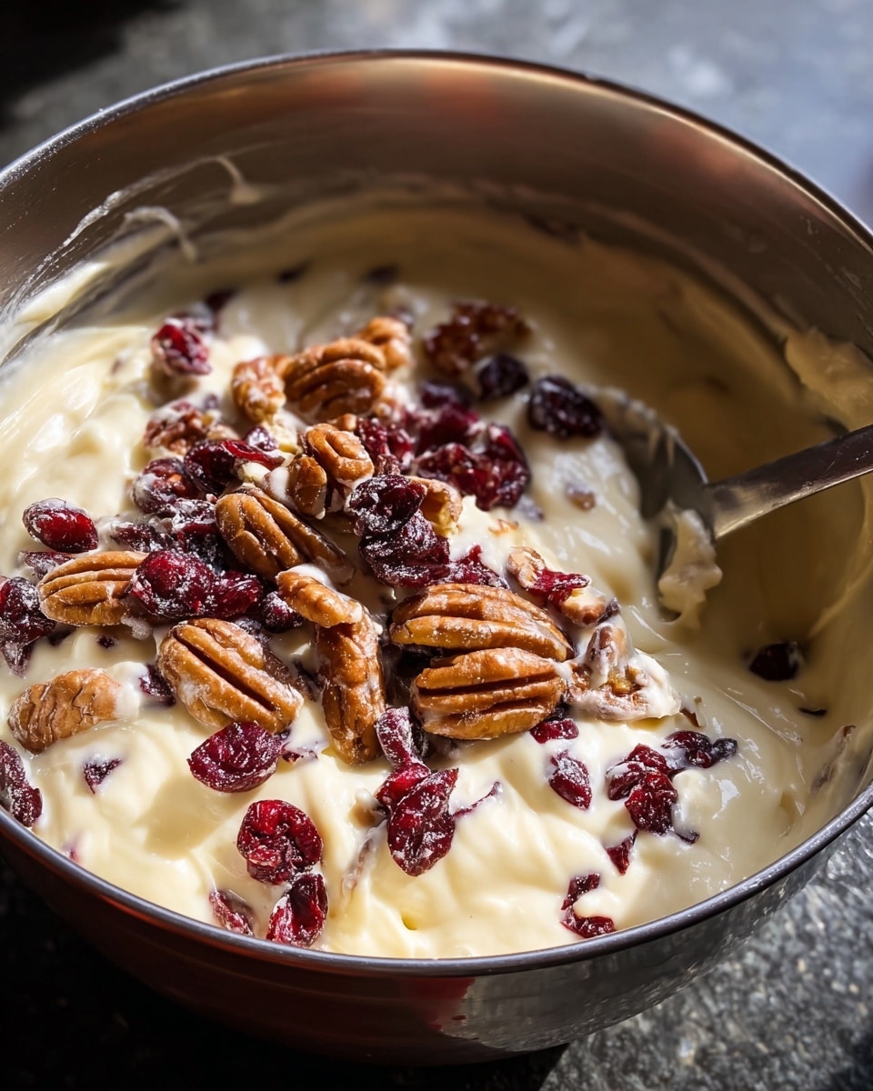 A close-up view of a silver mixing bowl filled with thick creamy white batter as the base layer. On top, scattered dried red cranberries and whole pecans with a glossy texture are mixed in and resting mostly on the surface, adding rich brown and dark red colors. A metal spoon is partially inserted on the right side into the mixture, with some batter clinging to it. The bowl sits against a dark countertop with natural light creating gentle highlights on the shiny inside of the bowl. Photo taken with an iphone --ar 4:5 --v 7