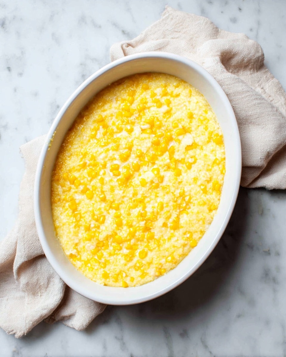 A white oval dish filled with a single layer of creamy yellow corn pudding, showing small corn kernels mixed into a smooth, custard-like texture that glistens slightly on the surface. The dish sits on a white marbled texture with a soft off-white cloth casually placed in the top left corner, adding a cozy touch to the simple and inviting scene. photo taken with an iphone --ar 4:5 --v 7