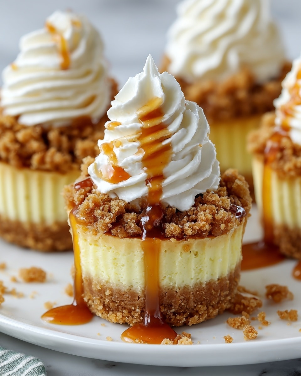 The image shows mini cheesecakes on a white plate with a white marbled texture background. Each cheesecake has three visible layers: a crumbly, brown base layer at the bottom, a thick, smooth, pale yellow cheesecake layer in the middle, and a chunky, light brown crumb topping layer. On top of the crumb topping, there is a swirl of white whipped cream, drizzled with golden caramel sauce that drips slightly down the sides. Some caramel sauce and crumbs are scattered on the plate around the cheesecakes. Photo taken with an iphone --ar 4:5 --v 7