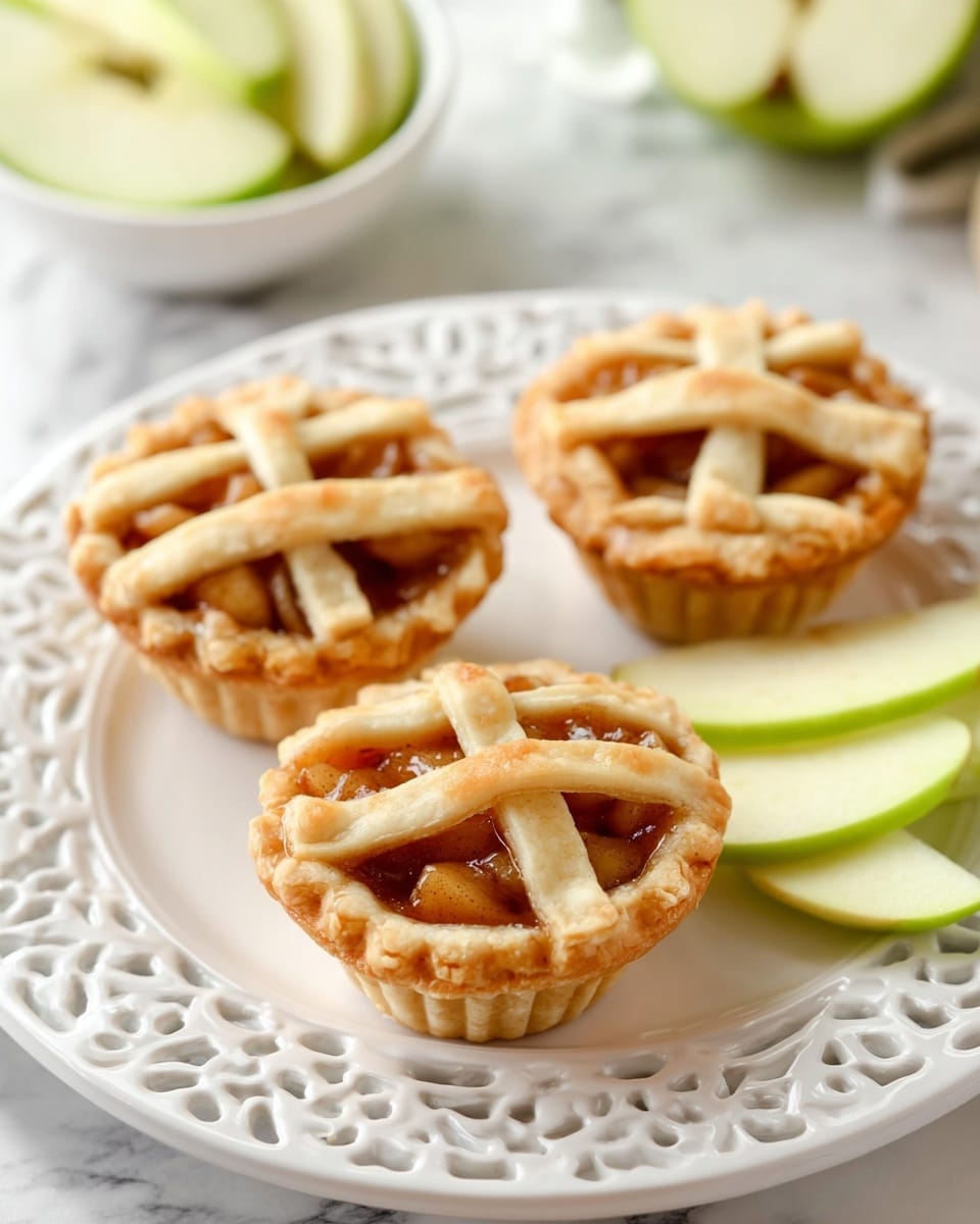 The image shows three small lattice-topped mini apple pies arranged closely on a white plate with intricate cut-out patterns around the border, sitting on a white marbled texture. Each mini pie has a golden brown crust forming the base and edges, with a lattice top made from light golden strips of dough crisscrossed to reveal a caramelized apple filling inside, which has a rich warm brown color and slightly chunky texture. To the side of the pies, there are three thin slices of green apple with smooth skin and pale green flesh gently fanned out. In the background, there is a slightly blurred white bowl with green apple slices in it, adding to the fresh and cozy feel. Photo taken with an iphone --ar 4:5 --v 7