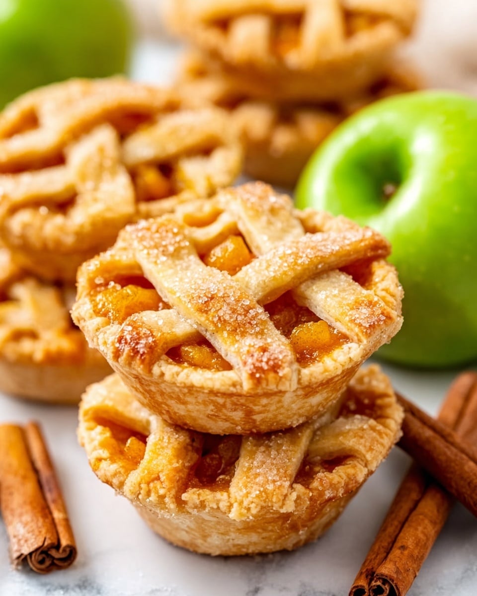 The image shows small lattice-top mini pies stacked on a white marble surface. Each pie has a golden-brown crust with a crisscross pattern on top, sprinkled lightly with sugar for a textured sparkle. The filling peeks through the lattice, showing a warm orange color, likely pumpkin or sweet potato. To the side, there is a shiny green apple and a cinnamon stick, adding a fresh and cozy feel to the image. A woman's hand is partially visible, gently holding one of the mini pies. Photo taken with an iphone --ar 4:5 --v 7