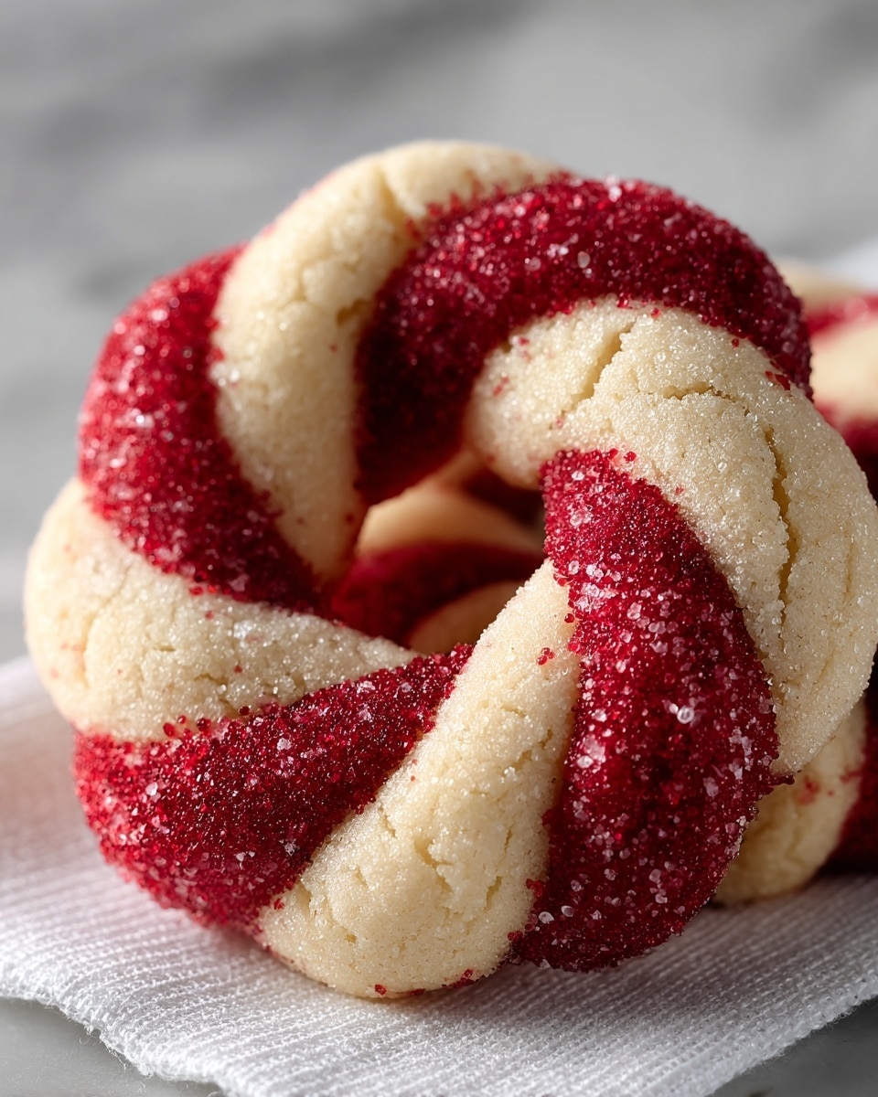The image shows a close-up of a round cookie shaped like a twisted ring with alternating red and cream-colored stripes that spiral around its surface. The red stripes have a sugar-coated texture that looks slightly rough and sparkly, while the cream-colored stripes are smooth with fine cracks, giving a soft, doughy appearance. The cookie sits on a white cloth with subtle fabric texture and a white marbled surface in the background. The rich contrast between the deep red sugar granules and the pale cream dough creates a visually appealing look. photo taken with an iphone --ar 4:5 --v 7
