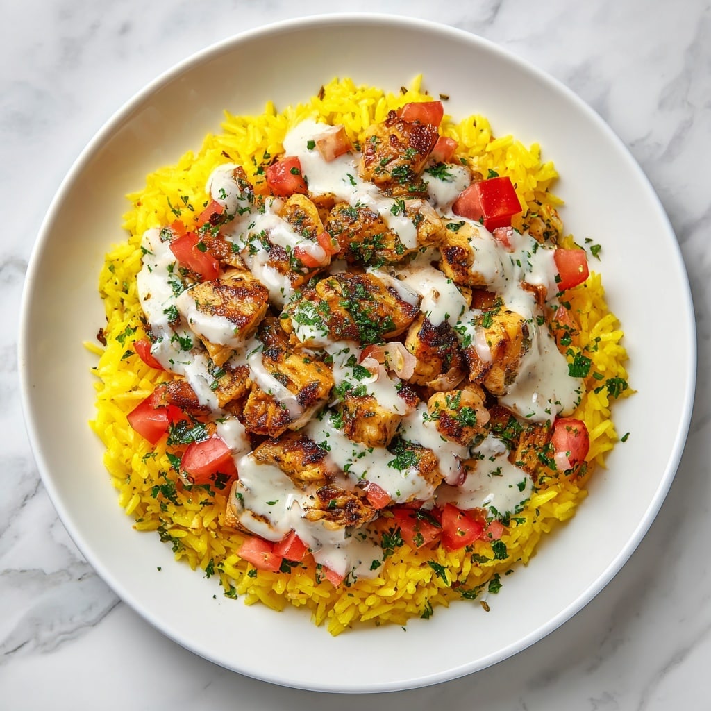 A white plate sits on a white marbled background, filled with a base layer of bright yellow rice, evenly spread and fluffy in texture. On top of the rice, there is a layer of golden-brown cooked chicken pieces, arranged in the center. The chicken is drizzled with a creamy white sauce speckled with green herbs. Fresh chopped red tomatoes and finely chopped green herbs are scattered on and around the chicken, adding vibrant color and freshness to the dish. Photo taken with an iphone --ar 4:5 --v 7