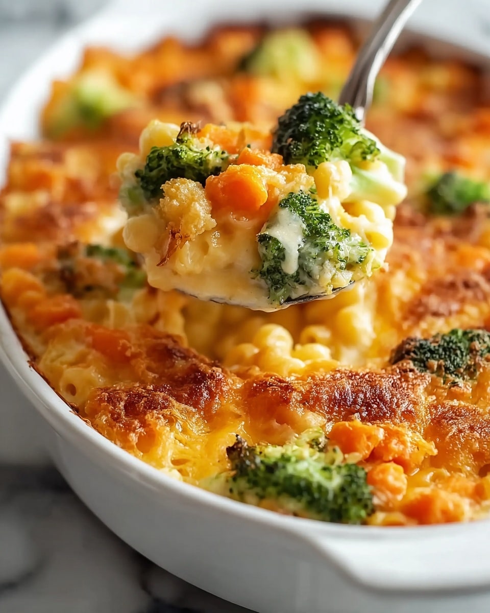 A close-up of a white casserole dish filled with a cheesy vegetable bake showing three layers: a browned, slightly crispy golden cheese crust on top, a middle layer of smooth, melted cheese sauce mixed with tender, bright orange carrot pieces and creamy macaroni, and scattered vibrant green broccoli florets adding contrast. A shiny silver spoon lifts a scoop from the dish, highlighting the gooey texture and colorful mix inside, all resting on a white marbled surface. Photo taken with an iphone --ar 4:5 --v 7