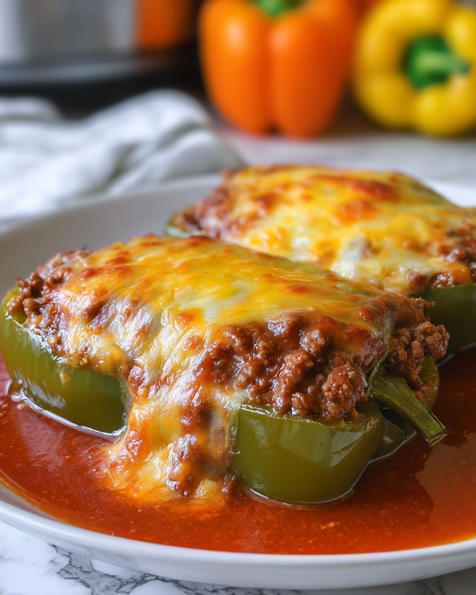 Two stuffed chili peppers covered with a thick layer of melted golden-yellow cheese sit in a clear bowl. The peppers are deep reddish-orange, filled with a chunky dark brown meat mixture mixed with bits of green and red vegetables, peeking out slightly. The cheese topping is bubbly and browned in spots, with small green herb leaves sprinkled on top. The bowl rests on a white marbled surface, and fresh whole green and red chili peppers lie behind it, adding a pop of color. Photo taken with an iphone --ar 4:5 --v 7