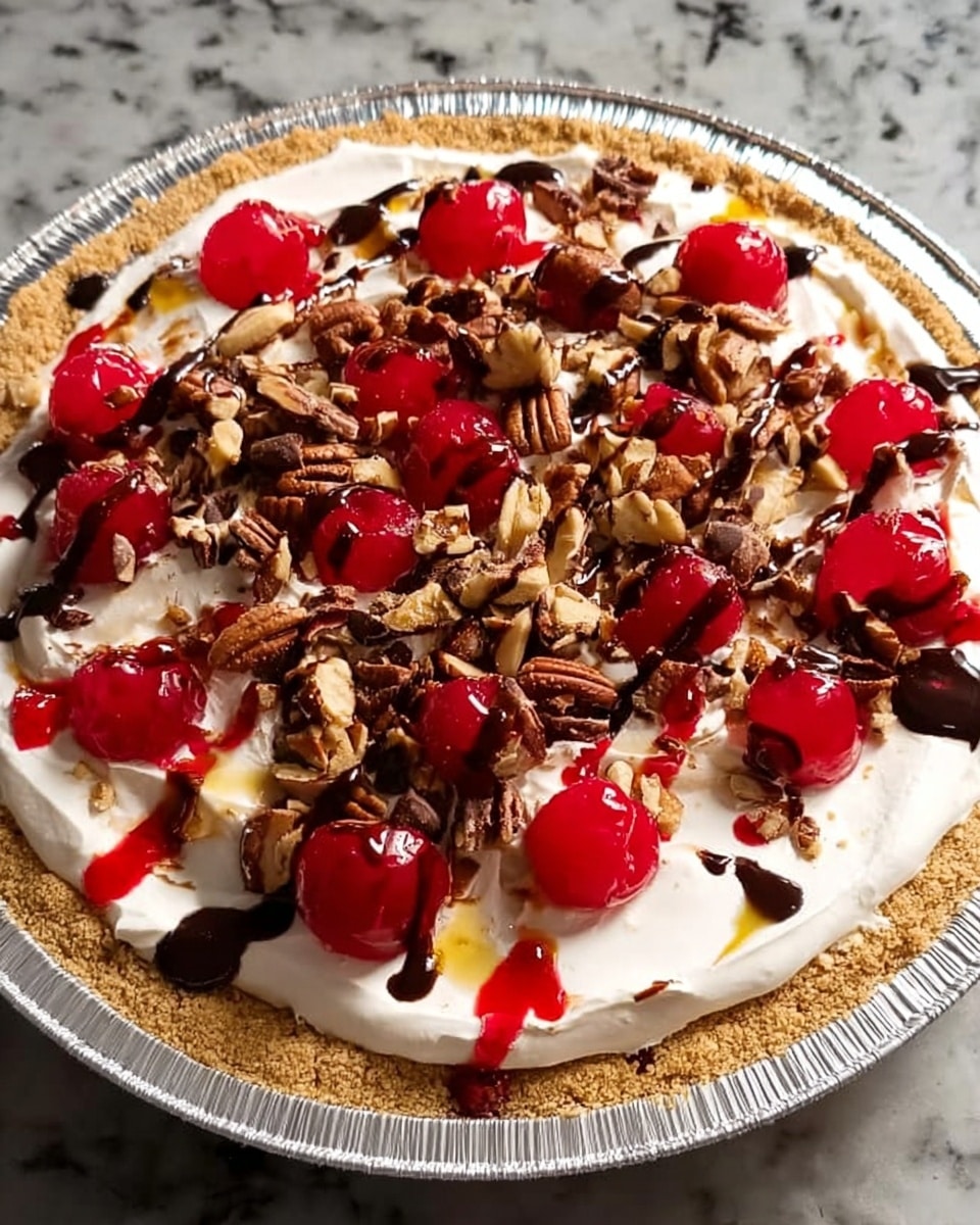 A round dessert with a crumbly light brown crust forms the base, topped by a smooth, creamy white layer. On top, there are scattered glossy red cherries both whole and chopped, mixed with brown pecan nut pieces. Drizzles of dark chocolate syrup and a red syrup cover the cherries and nuts, adding shine and color contrast. The dessert is in a shiny foil pie pan placed on a white marbled surface. Photo taken with an iphone --ar 4:5 --v 7