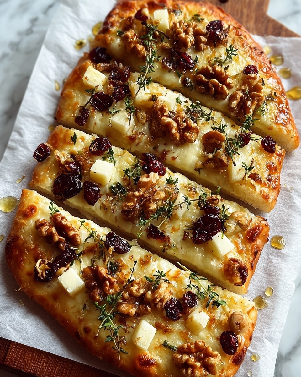 A close-up view of a flatbread cut into three pieces, placed on white parchment paper on a white marbled surface. The flatbread has a golden-brown crust with a slightly crispy texture. On top, there are several layers: bubbly melted white cheese that covers the base, scattered whole walnut halves adding a rough brown texture, small chunks of creamy white cheese, and dried dark red cranberries creating bright spots of color. The flatbread is garnished with fresh green thyme sprigs and drizzled with shiny golden honey, creating a glossy finish. photo taken with an iphone --ar 4:5 --v 7