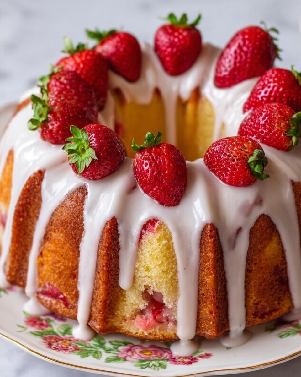 A round bundt cake with a light golden-brown color is sitting on a white plate, against a white marbled background. The cake has visible pieces of red fruit, likely strawberries, scattered throughout its surface and baked inside. It is covered with a thick, smooth white glaze that drips slightly down the sides, creating soft folds and layers of shiny icing. The texture of the cake looks soft and moist, and the glaze gives it a glossy, fresh appearance. photo taken with an iphone --ar 4:5 --v 7
